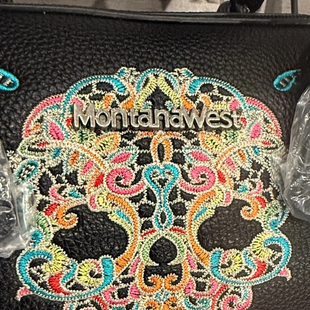 Montana West Black Satchel with Colorful Embroidered Sugar Skull